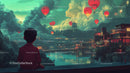 City Skyline with Floating Red Lanterns Over Stream at Dusk