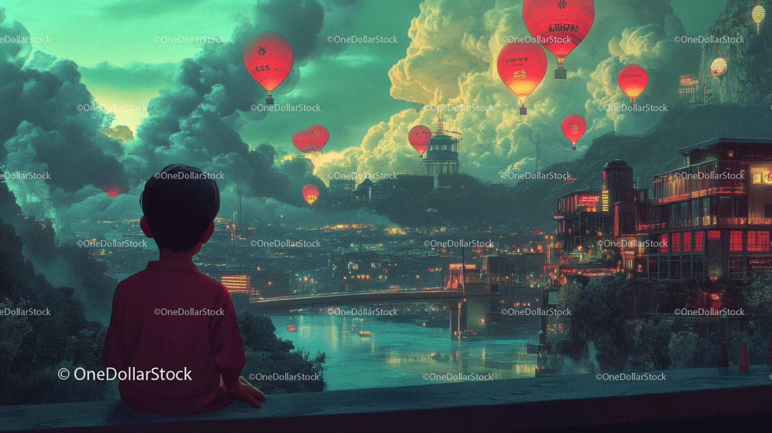 City Skyline with Floating Red Lanterns Over Stream at Dusk