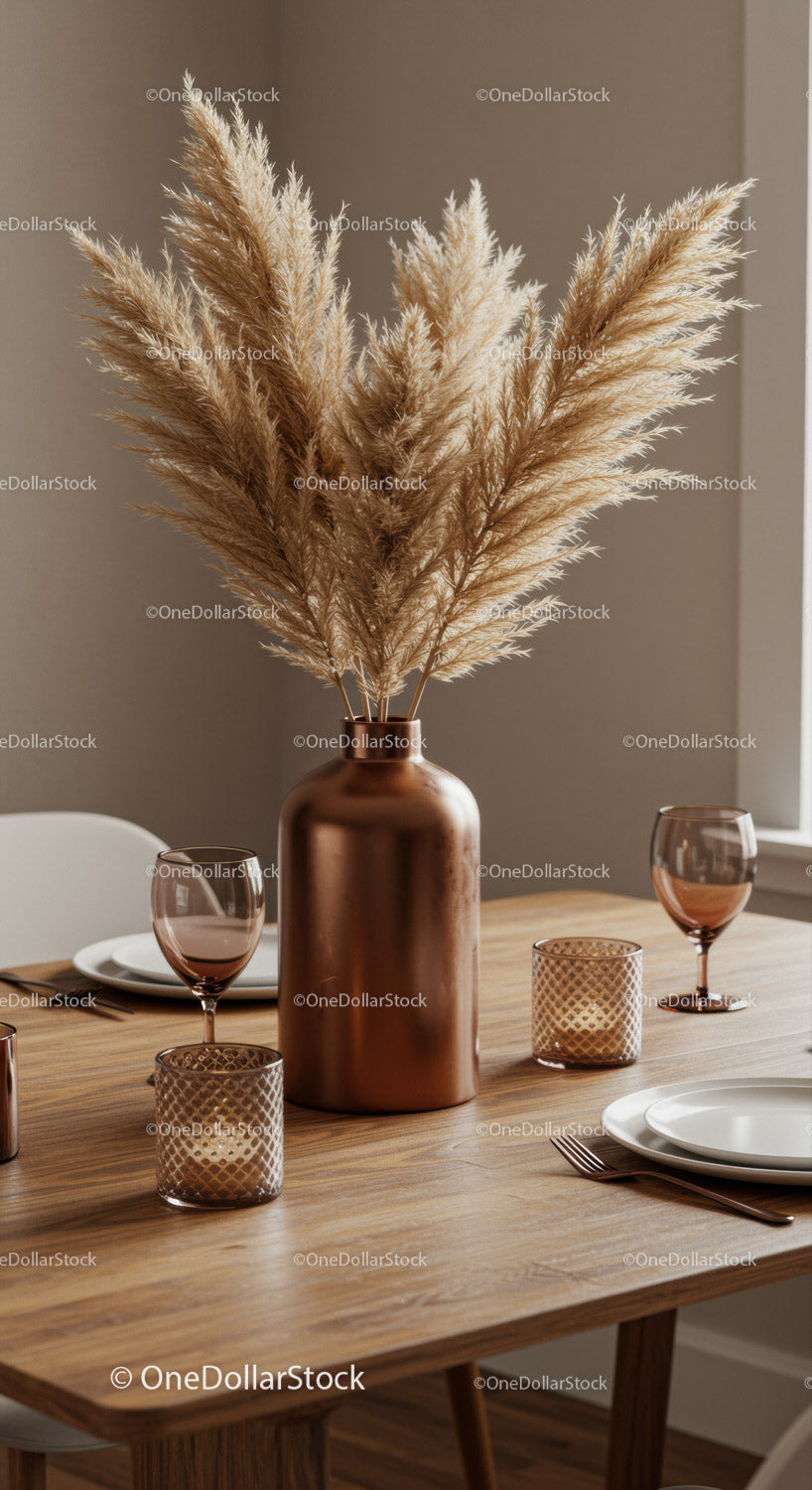 Elegant Pampas Grass Arrangement on Wooden Dining Table
