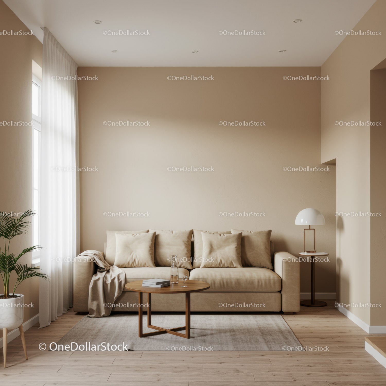Nowoczesny minimalistyczny salon z beżową sofą i roślinami doniczkowymi