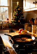 Cozy kitchen with frying patties and Christmas tree