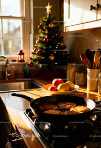 Cozy kitchen with frying patties and Christmas tree