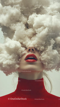 Surreal Portrait of Woman with Cloud Head and Red Lipstick
