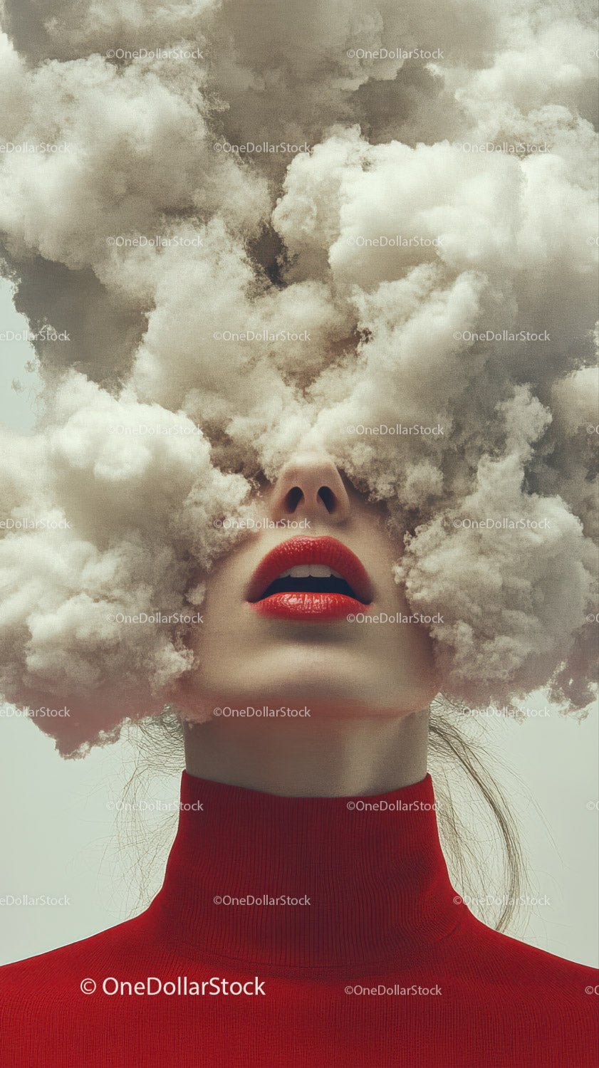 Surreal Portrait of Woman with Cloud Head and Red Lipstick