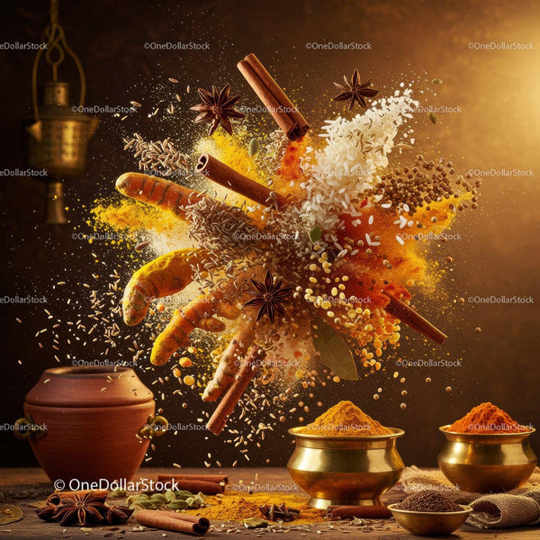 Exploding Aromatic Indian Spices and Rice in Motion