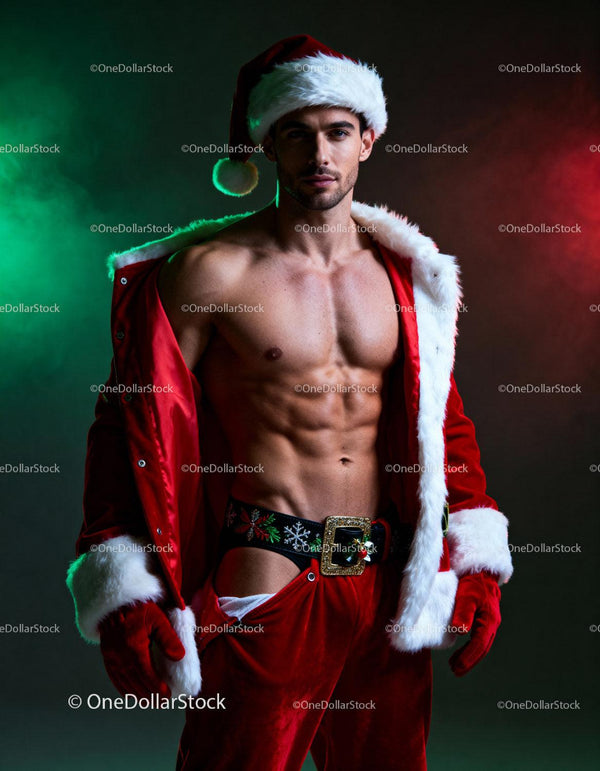 Fit man wearing festive Santa outfit with open coat