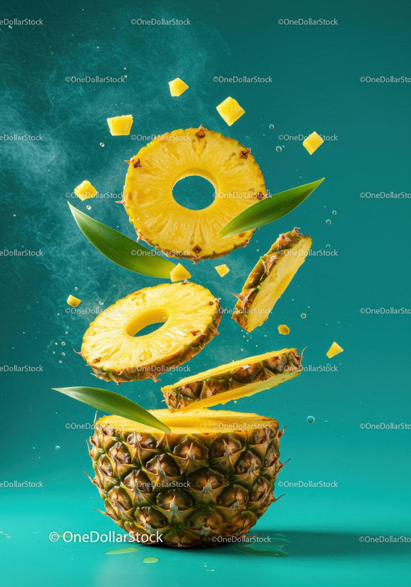 Fresh Pineapple Slices Floating with Green Leaves