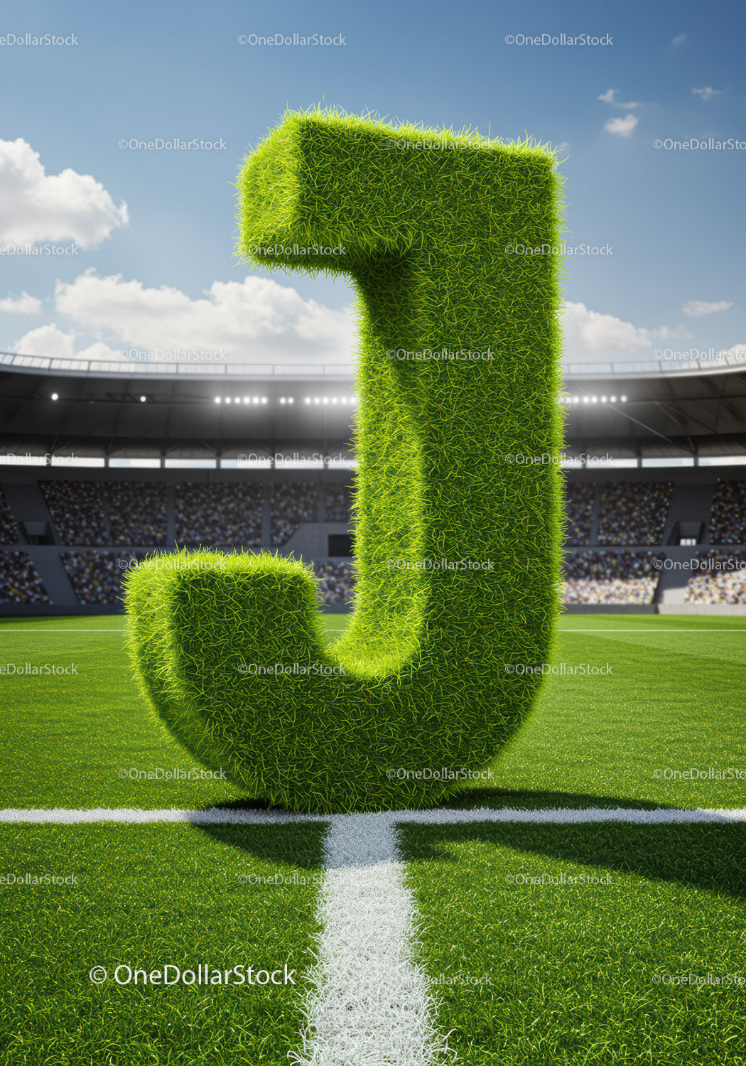 Grass Covered Letter J on Sports Field Under Blue Sky