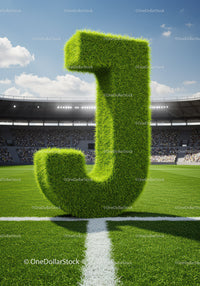Grass Covered Letter J on Sports Field Under Blue Sky