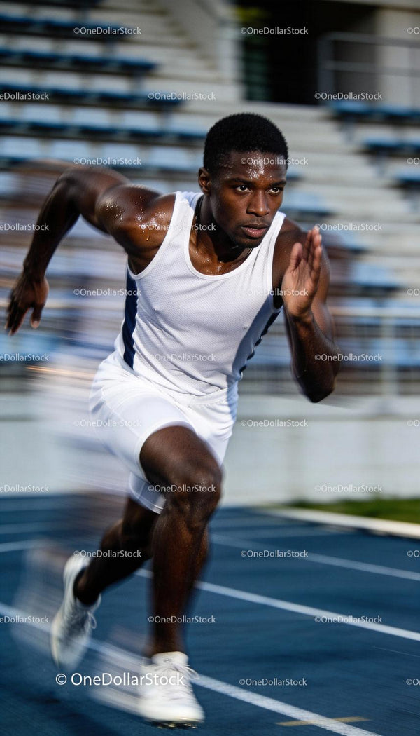 Focused male sprinter accelerating on blue track