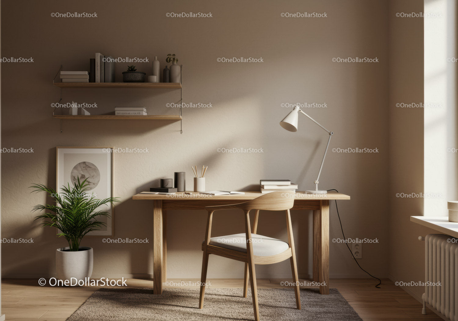 Minimalist home office with natural light and plants