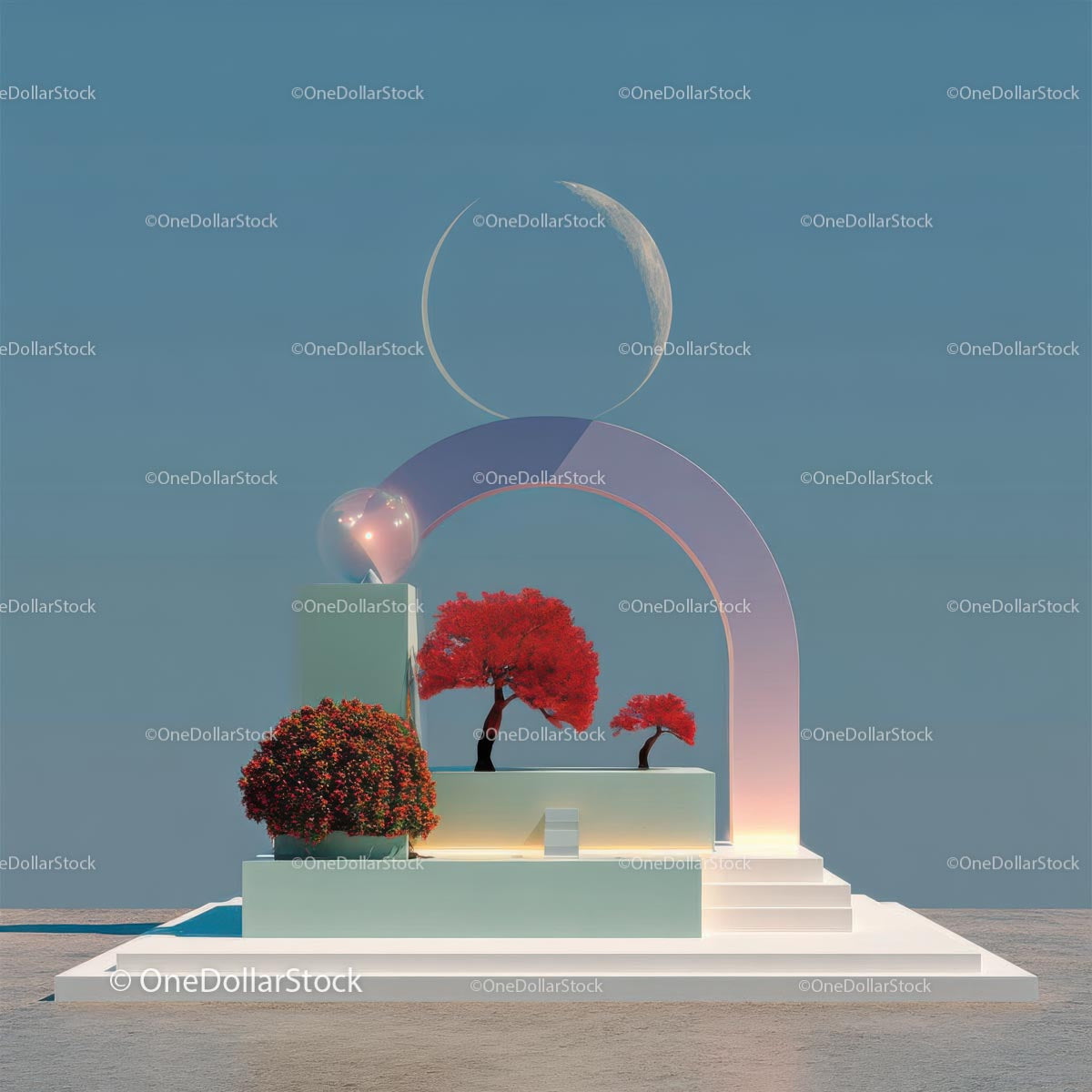Futuristic Abstract Landscape with Vibrant Red Trees