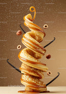 Stack of fluffy pancakes with caramel drizzle and hazelnuts