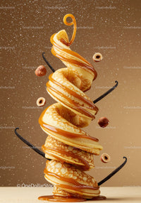Stack of fluffy pancakes with caramel drizzle and hazelnuts