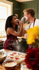 Couple playfully baking heart-shaped cookies in kitchen
