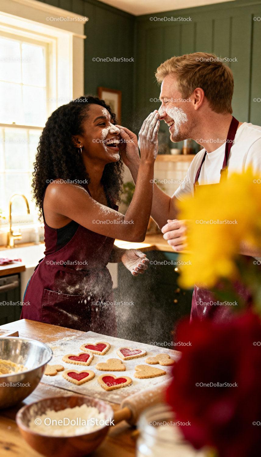 Couple playfully baking heart-shaped cookies in kitchen