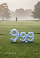 Golf score with large dimpled numbers on green course