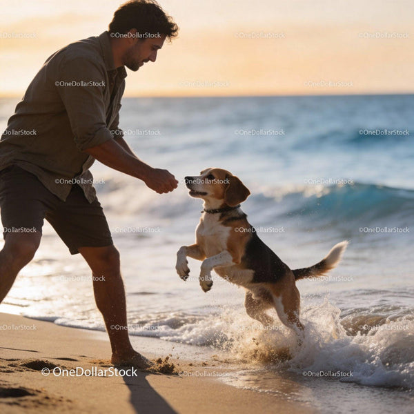 Mężczyzna bawiący się z psem beagle na piaszczystej plaży o zachodzie słońca