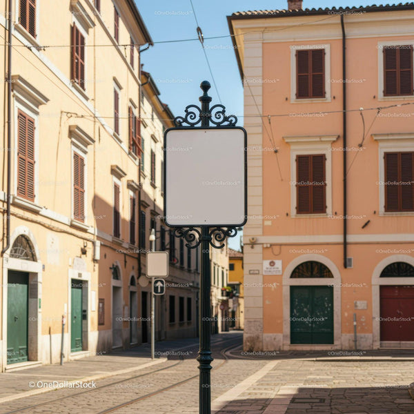 Empty decorative street sign on historic European road JPG Mockup Image