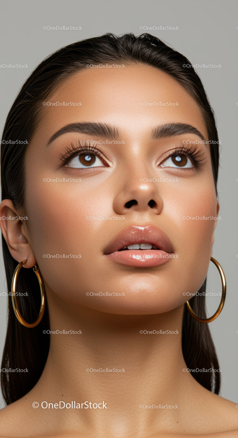 Portrait of a Young Woman with Brown Eyes and Glossy Lips