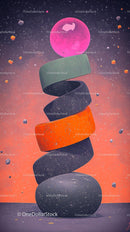 Abstract Spiral Sculpture with Cosmic Pink Planet and Floating Rocks