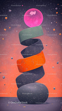 Abstract Spiral Sculpture with Cosmic Pink Planet and Floating Rocks
