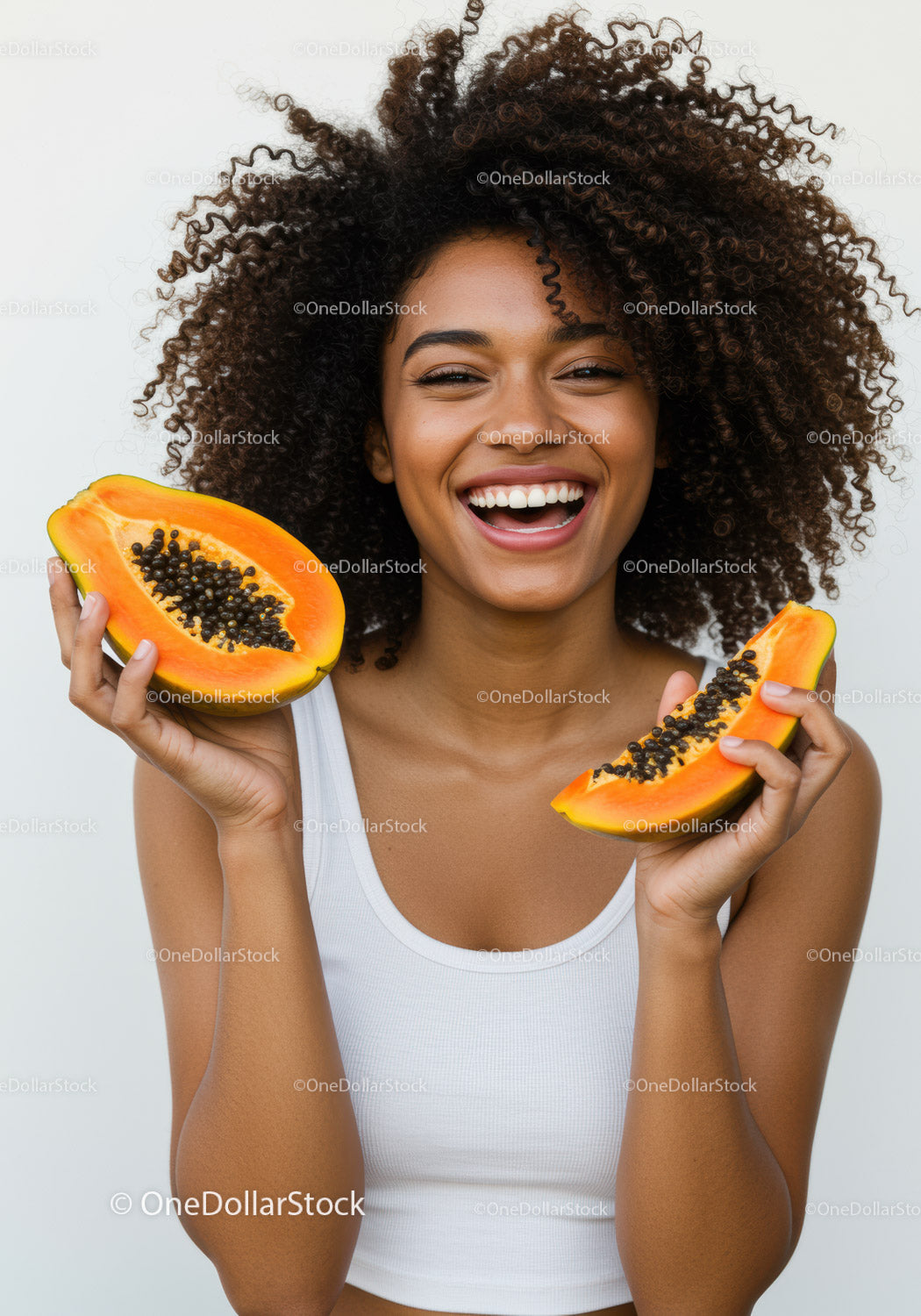 Young Woman Enjoying Fresh Papaya Fruit with Big Smile