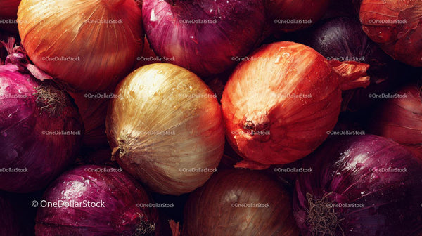 Close-Up of Fresh Red, Yellow, and Purple Onions at Market
