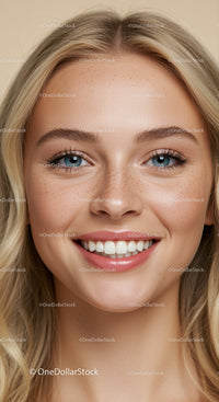 Close up portrait of happy young woman with freckles