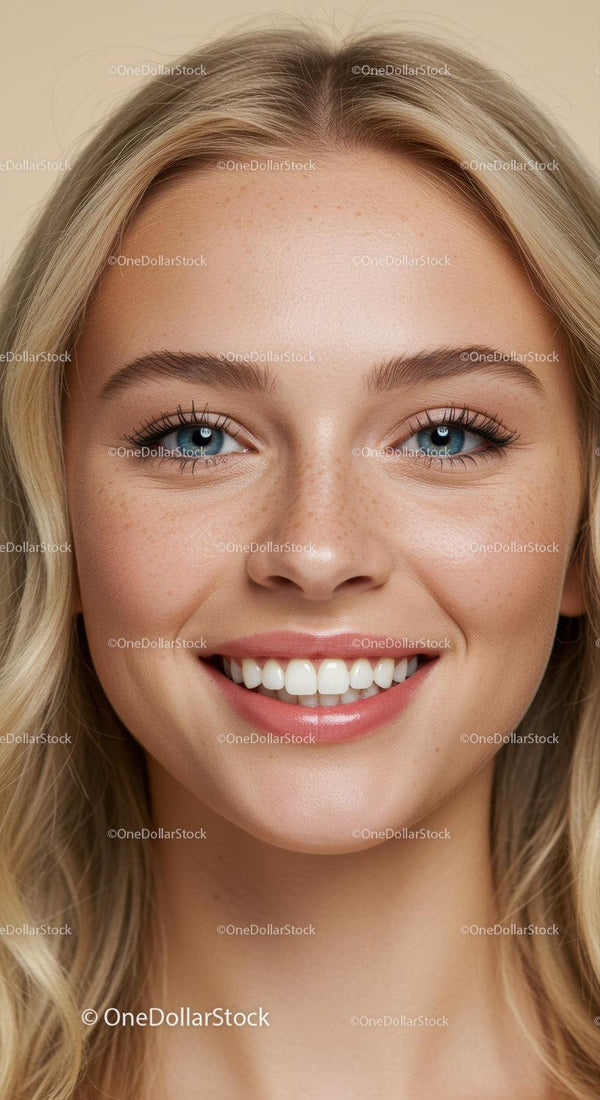 Close up portrait of happy young woman with freckles