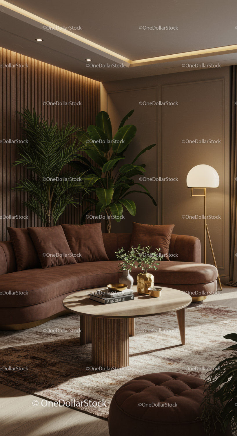 Przytulna brązowa sofa modułowa z zielonymi roślinami doniczkowymi