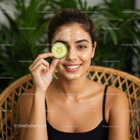 Young Woman in Black Tank Top Enjoying Facial Skincare with Cucumber