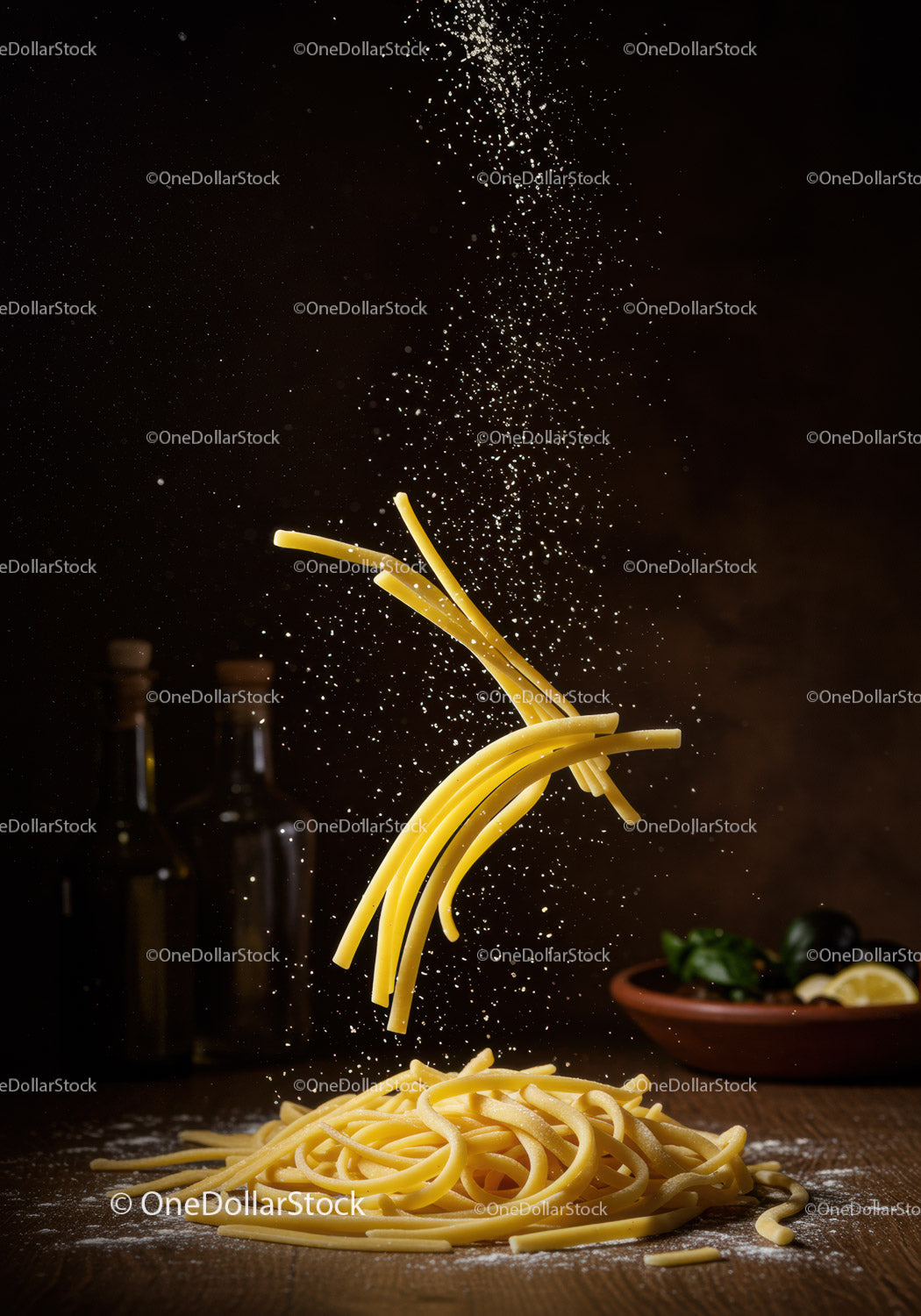 Surowy spaghetti spadający na drewnianą powierzchnię wraz z mąką