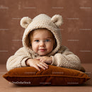 Adorable toddler in teddy bear hoodie resting on pillow