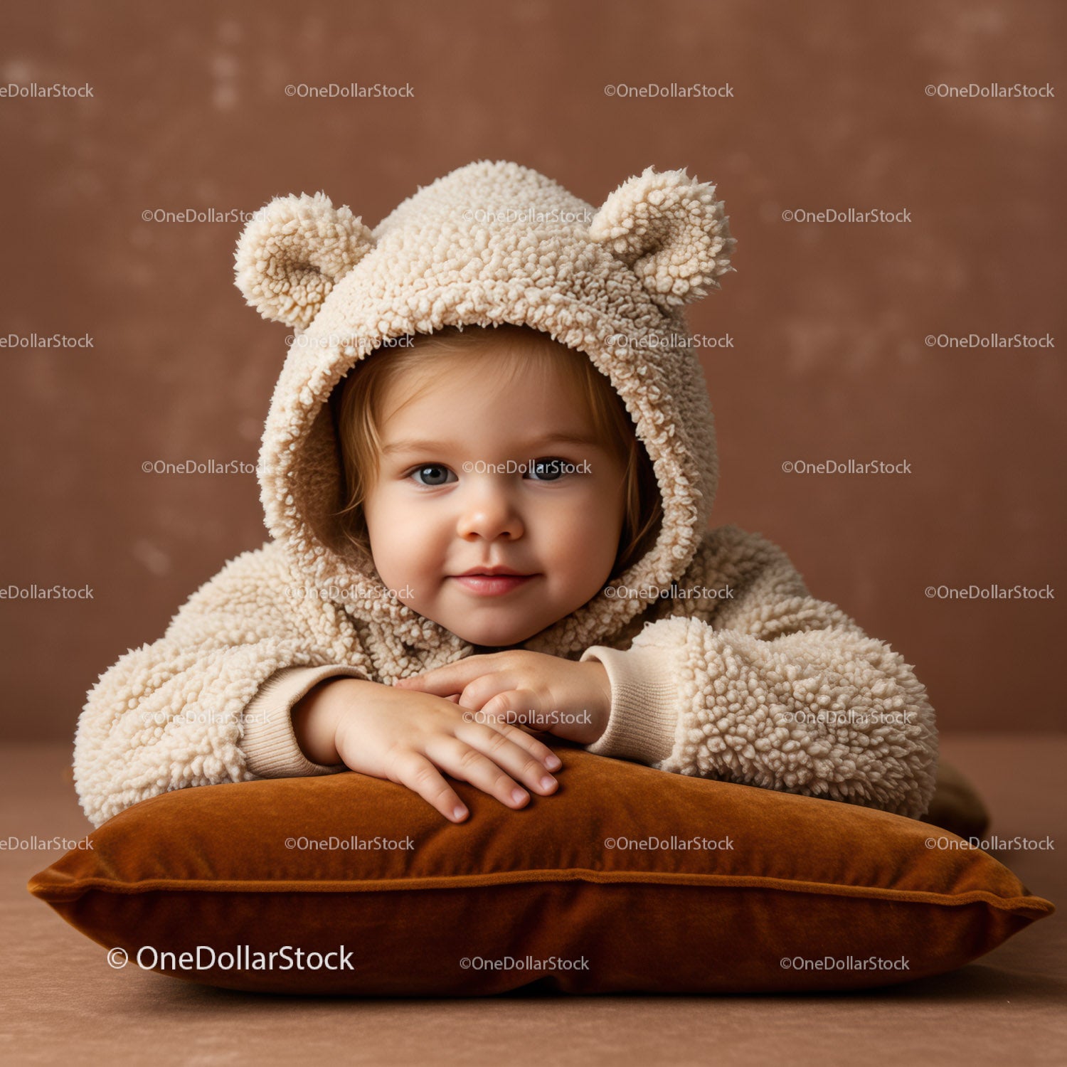 Adorable toddler in teddy bear hoodie resting on pillow