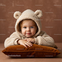 Adorable toddler in teddy bear hoodie resting on pillow