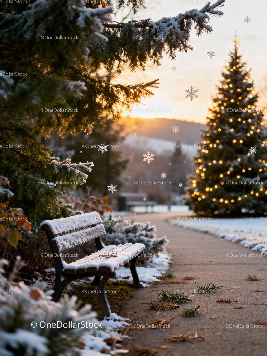 Snow-covered park bench with illuminated Christmas tree
