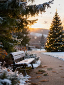 Snow-covered park bench with illuminated Christmas tree