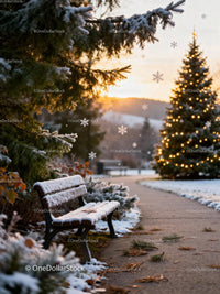 Snow-covered park bench with illuminated Christmas tree