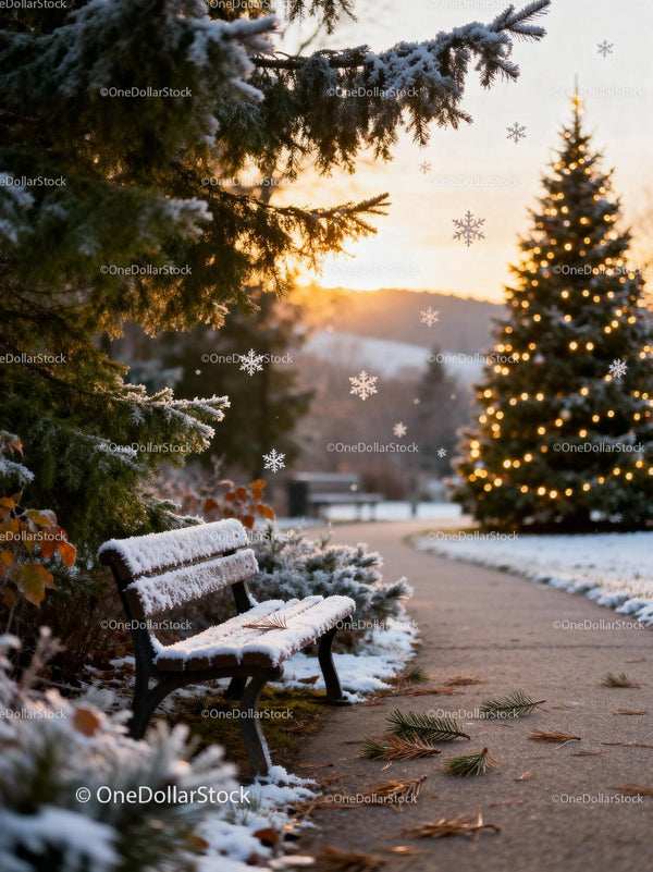 Snow-covered park bench with illuminated Christmas tree