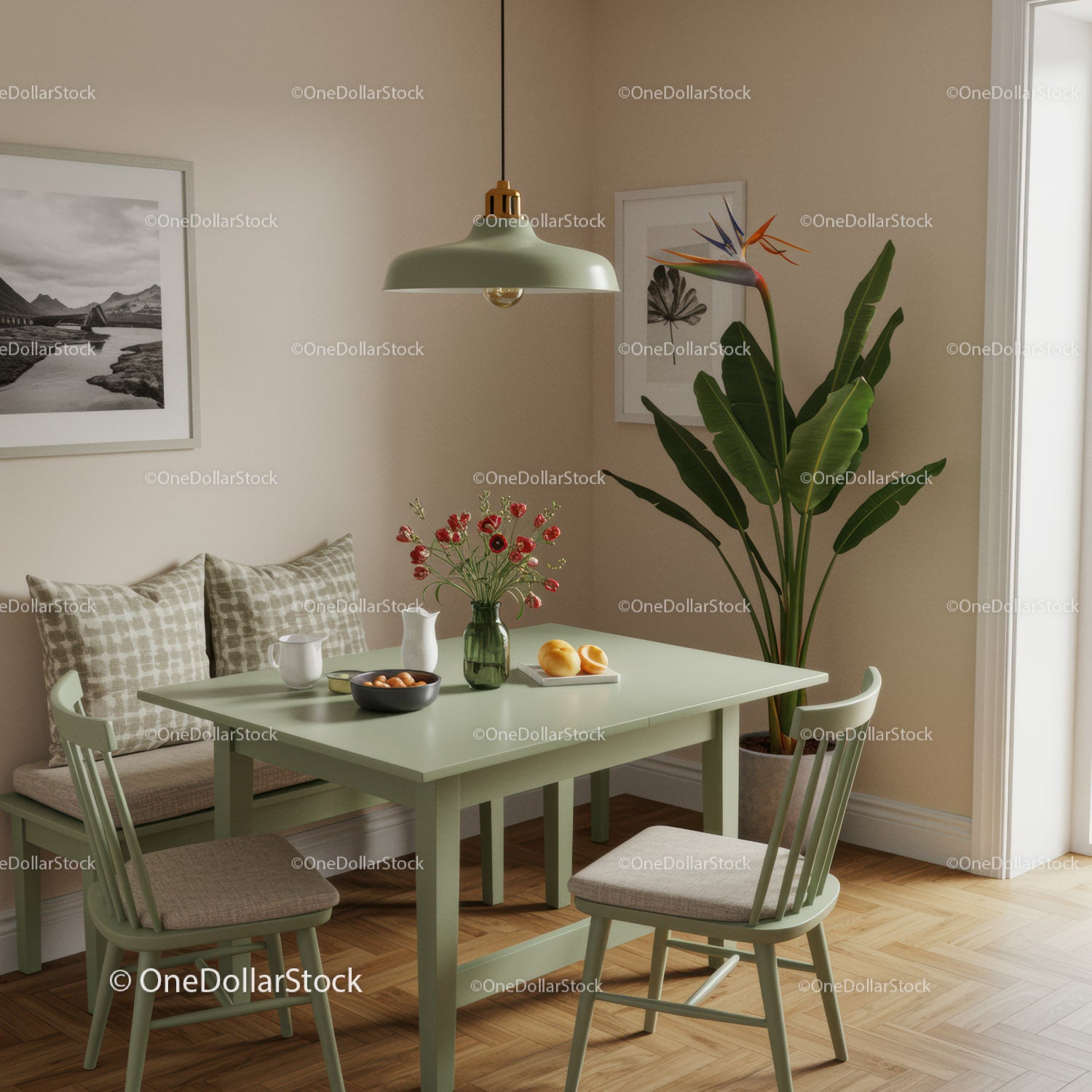 Stylish Modern Dining Room with Tropical Plant and Cozy Decor