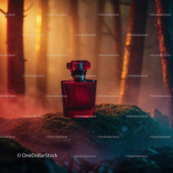 Red Glass Perfume Bottle in Mystical Forest Scene JPG Mockup Image