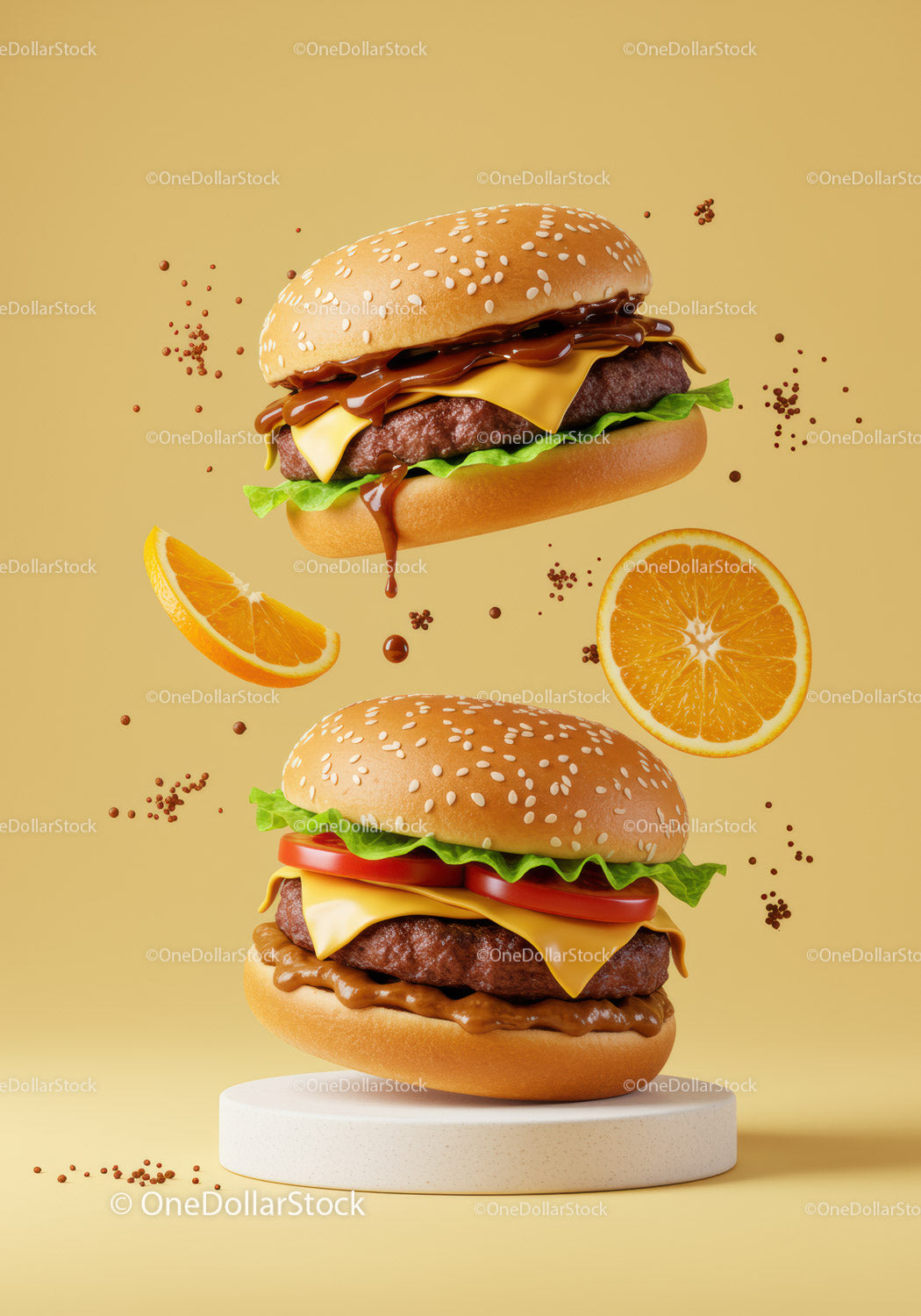 Dwa cheeseburgery ze świeżymi dodatkami i plasterkami pomarańczy