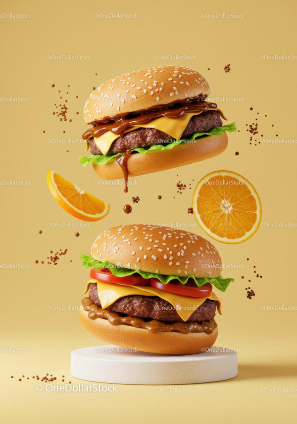 Two cheeseburgers with fresh toppings and orange slices