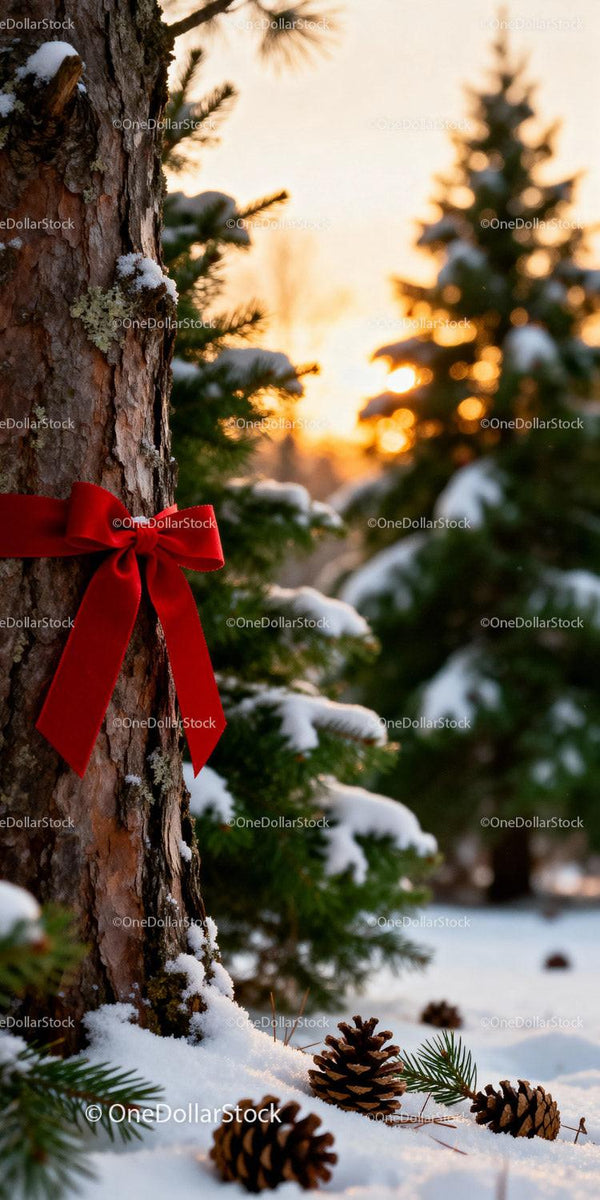Red Bow on Pine Tree with Snowy Winter Forest Sunset