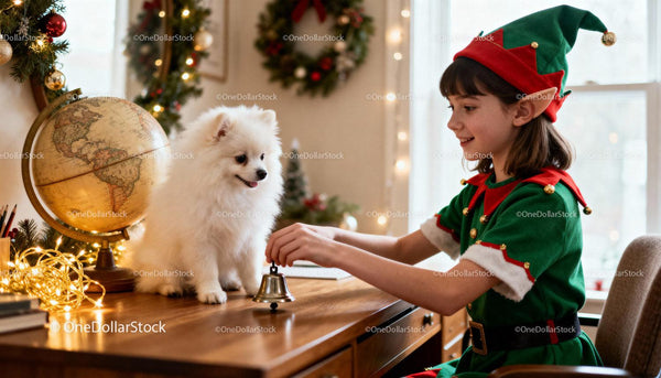 Child Dressed as Elf Playing with Dog in Festive Room