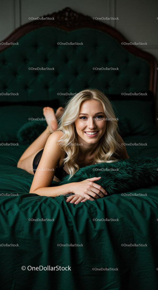 Uśmiechnięta blondynka relaksująca się na zielonym aksamitnym łóżku