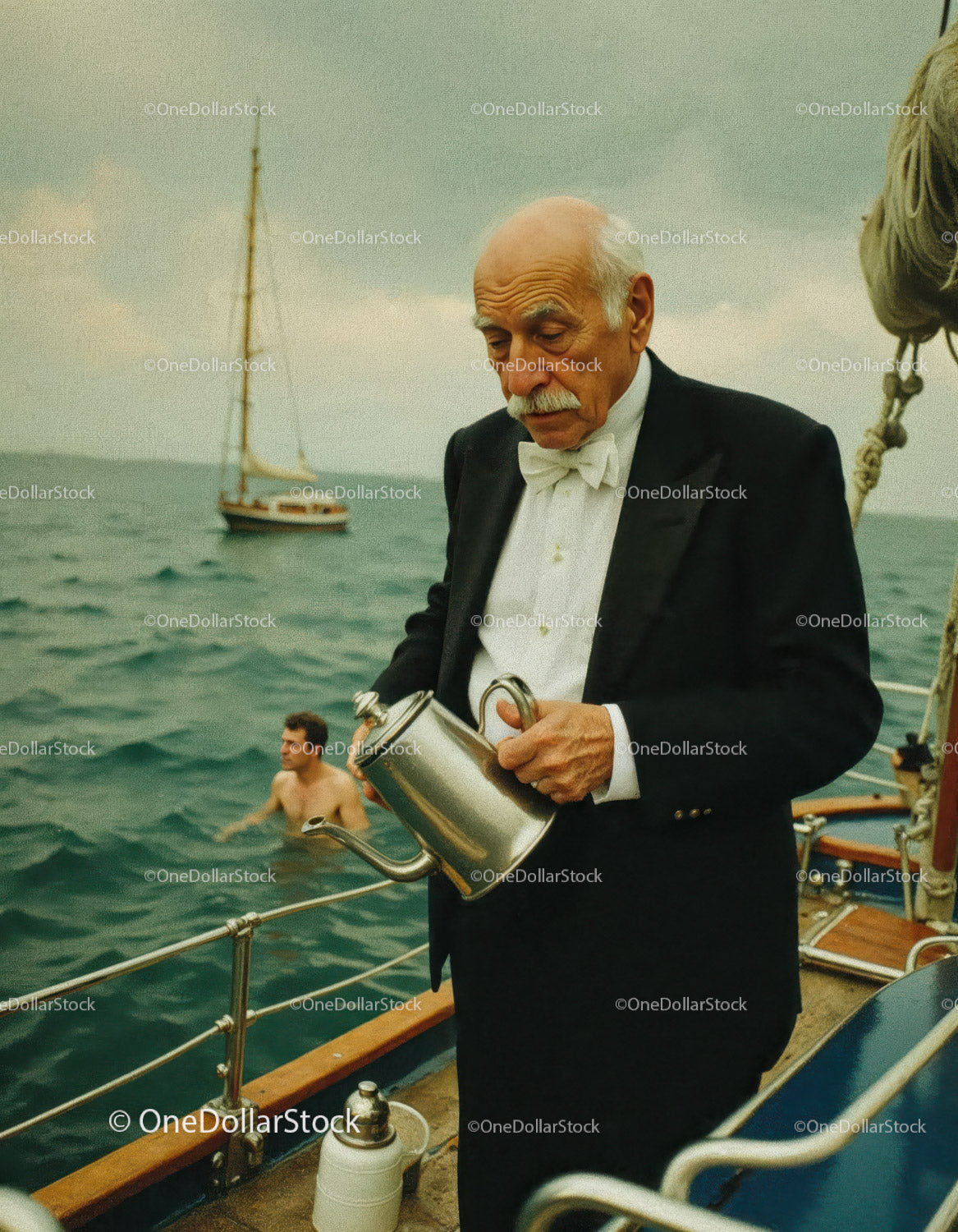 Elegant Elderly Man in Tuxedo Pouring Tea on Yacht at Sea