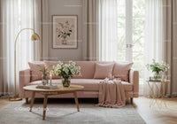Cozy pink sofa in bright elegant living room interior