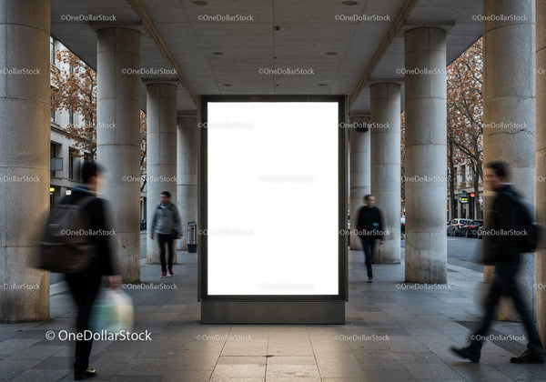 Urban street passage with blank illuminated billboard JPG Mockup Image